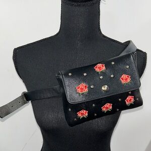 Black Belt Bag with Red Rose Embroidery